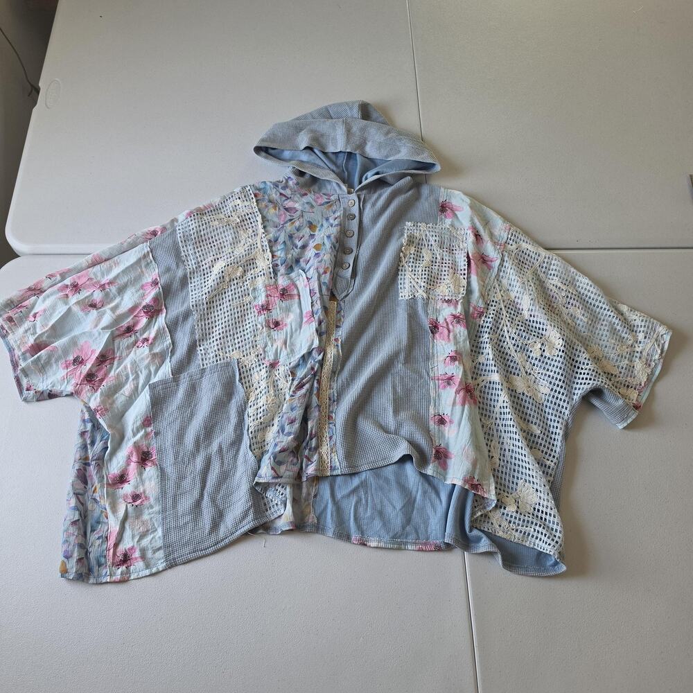 POL Tunic Blouse Womens Medium Blue Floral Hooded Henley Crochet Dolman Boho